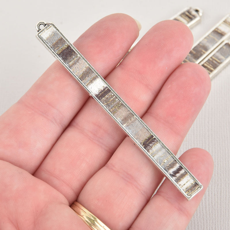 2 Fiber Stick Charms, Gray White Gold Fabric, Silver Plated, Threaded Bar Rectangle 3.25" chs6771