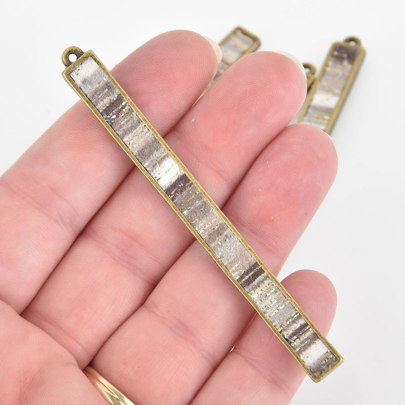2 Fiber Stick Charms, Gray White Gold Fabric, Bronze Plated, Threaded Bar Rectangle 3.25" chs6772