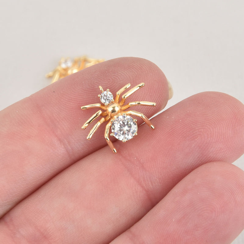 2 Gold Spider Charms with Rhinestone Crystals, 15mm, chs6778