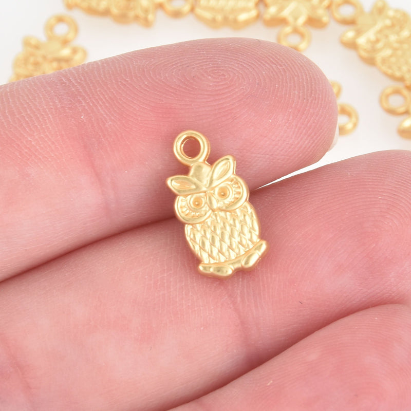 6 Matte Gold Owl Charms, Metal, 15x8mm, chs6780