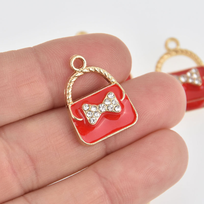 2 Red Purse Handbag Charms Gold Plated with Crystals chs6790
