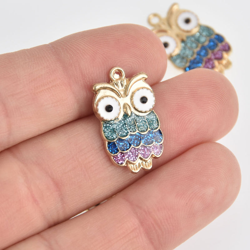 5 Enamel Owl Charms Gold with Glitter chs6791