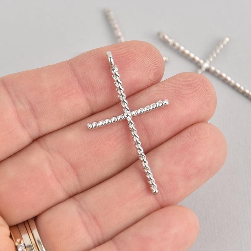 5 Silver Cross Charms, Rope Twist Drop Pendants, 1-5/8" long, chs6802