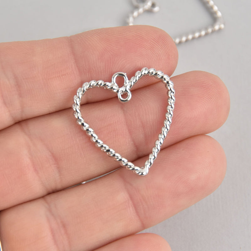 5 Silver Heart Charms, Rope Twist Drop Pendants, chs6803