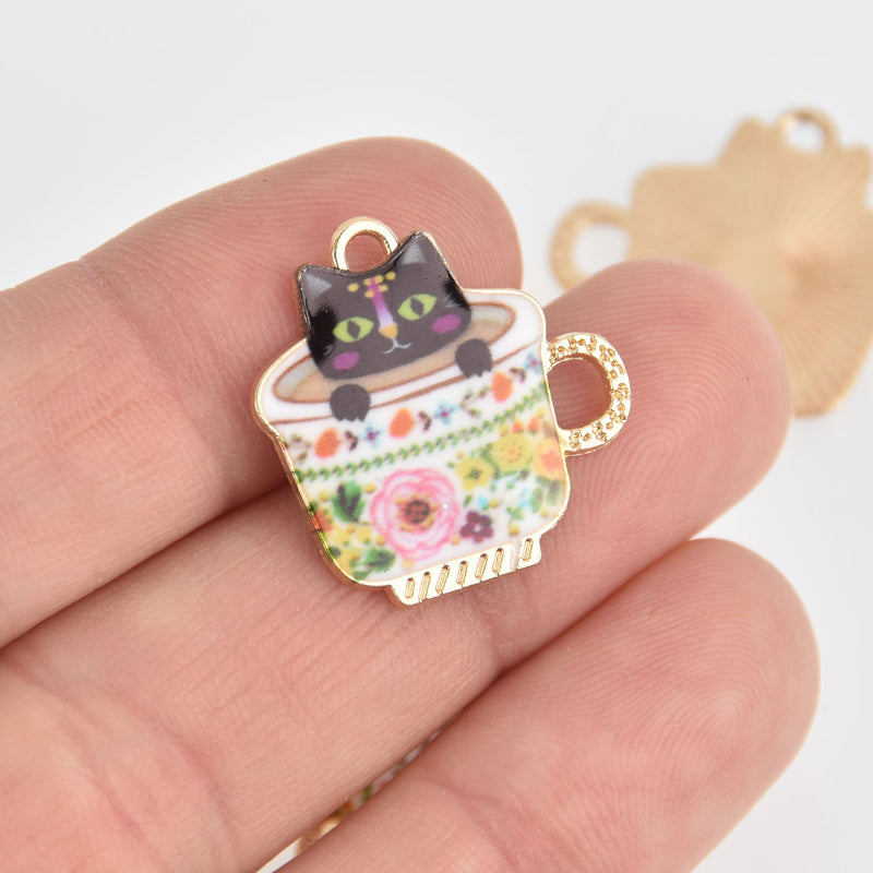 5 Cat in Teacup Charms Gold with Enamel Colors chs6806