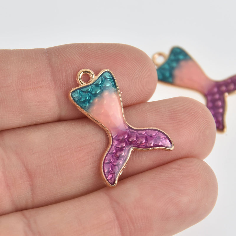 4 Mermaid Tail Charms, Gold with Pink Purple Blue Enamel chs6810