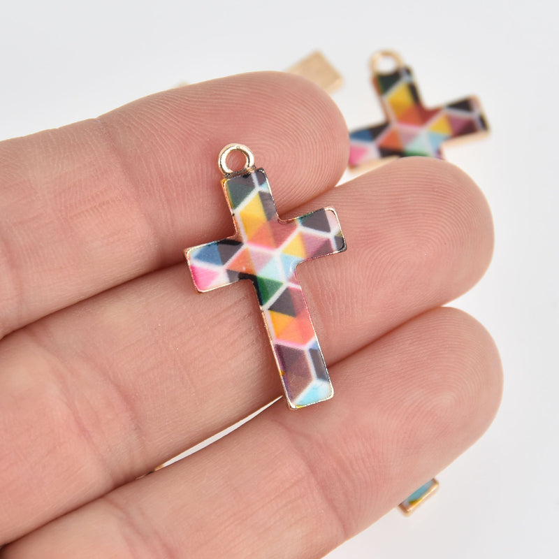 5 Enamel Cross Charms Gold with Rainbow Colors chs6813