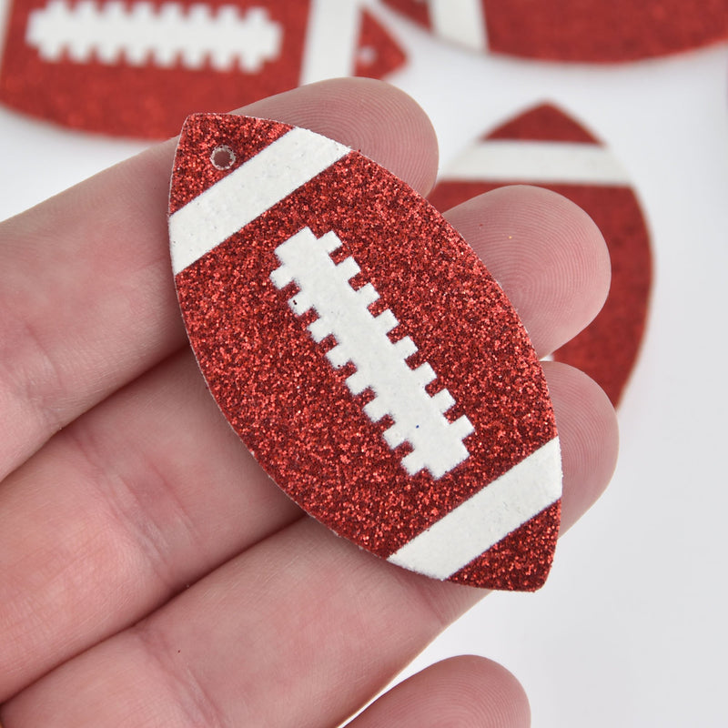 6 Red Glitter Football Charms Faux Leather, Vegan Leather, 2-1/8" chs6822