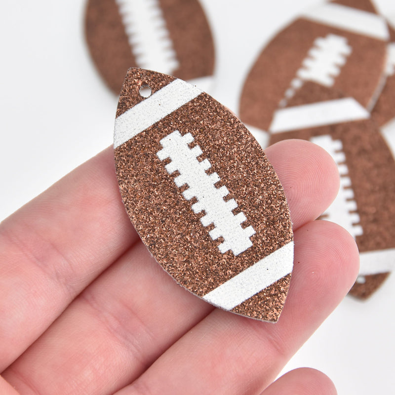 6 Brown Glitter Football Charms Faux Leather, Vegan Leather, 2-1/8" chs6823