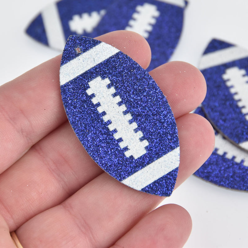 6 Blue Glitter Football Charms Faux Leather, Vegan Leather, 2-1/8" chs6826