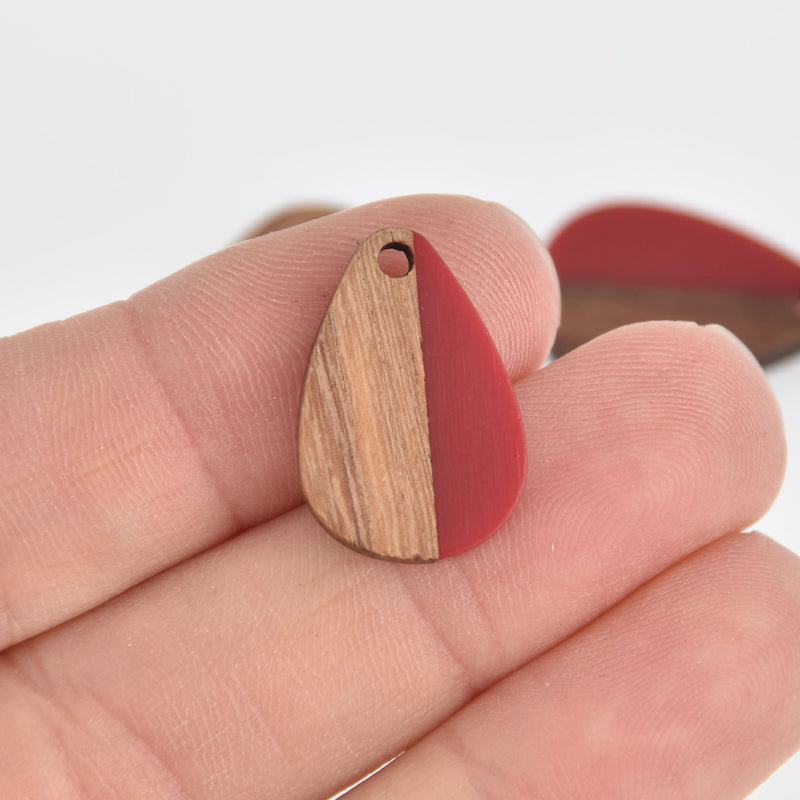 2 Teardrop Charms, Red Resin and Real Wood, 22mm long, chs6840