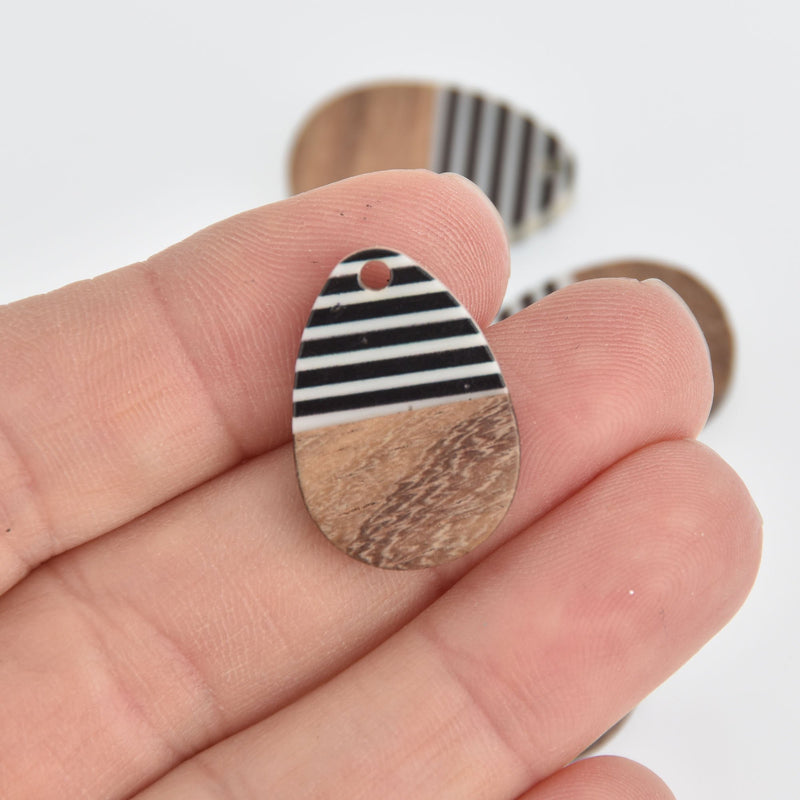 2 Teardrop Charms, Black White Stripe Resin and Real Wood, 25mm long, chs6844