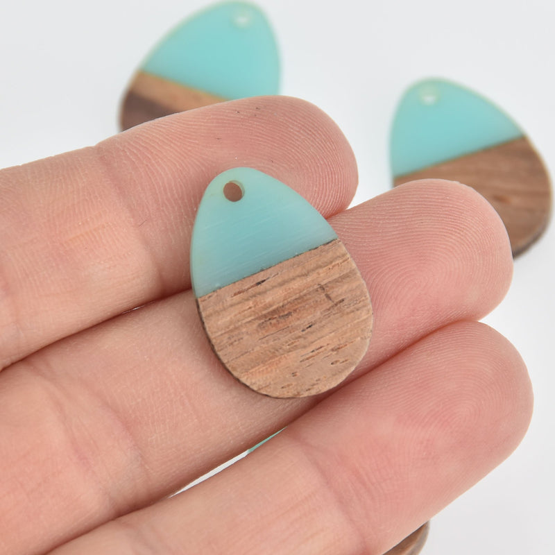 2 Teardrop Charms, Turquoise Blue Resin and Real Wood, 25mm long, chs6845