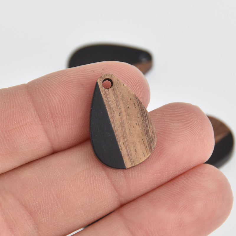 2 Teardrop Charms, Black Resin and Real Wood, 22mm long, chs6846