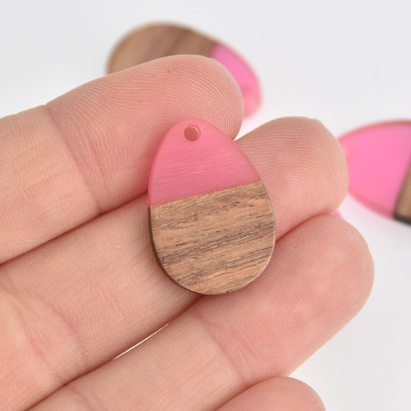 2 Teardrop Charms, Pink Resin and Real Wood, 25mm long, chs6847