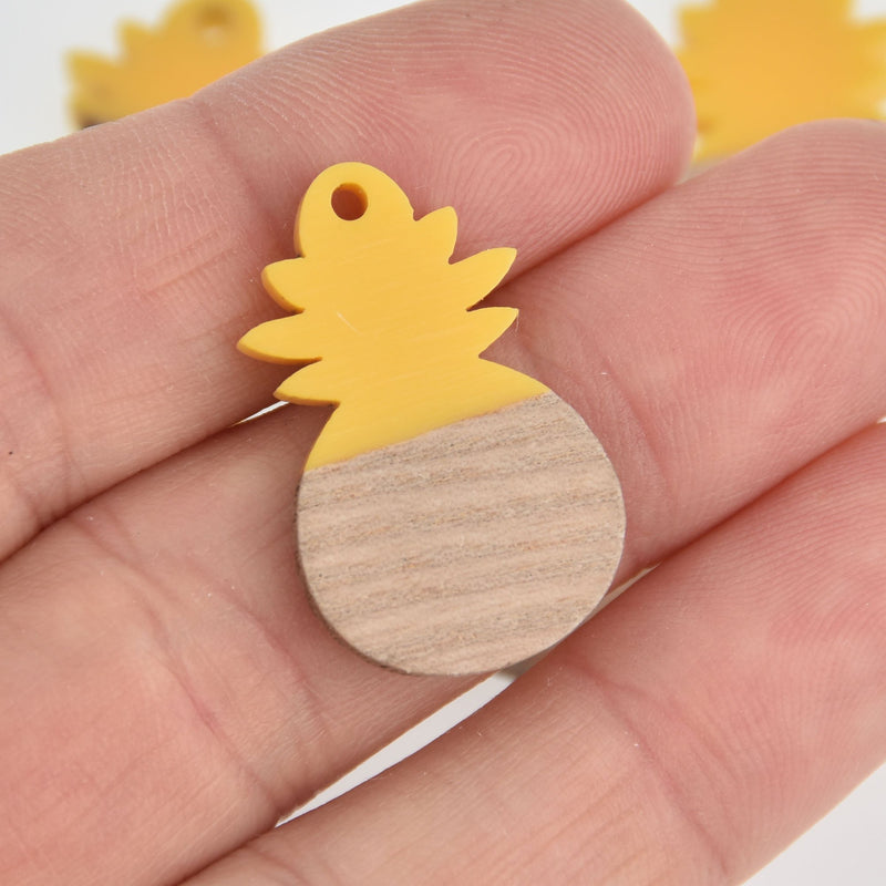 2 Pineapple Charms, Bright Yellow Resin and Real Wood Pineapple, 27mm long, chs6849