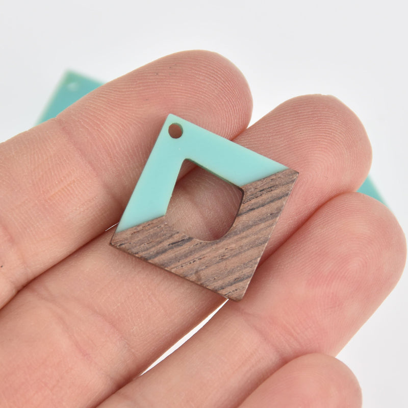 1 Square Charm, Turquoise Blue Resin and Real Wood, 1", chs6852