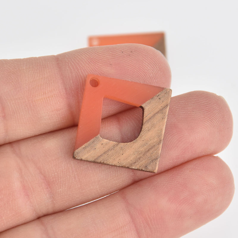 1 Square Charm, Coral Orange Resin and Real Wood, 1", chs6853