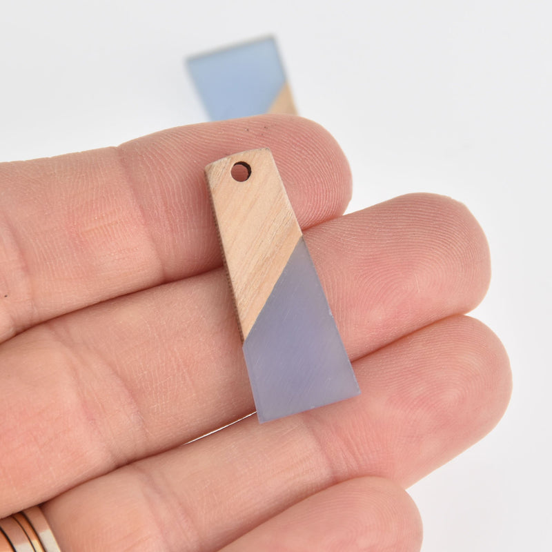 2 Colorblock Charms, Light Blue Resin and Real Wood Trapezoid, 30mm long, chs6855