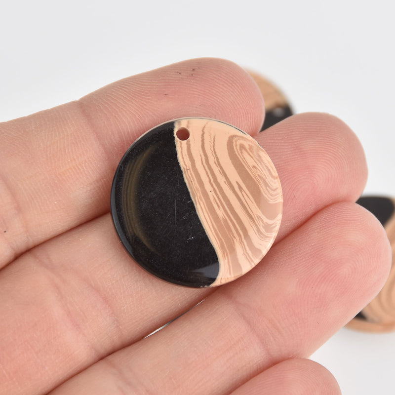 6 Round Charms, Black Resin and Faux Wood, 25mm, chs6860