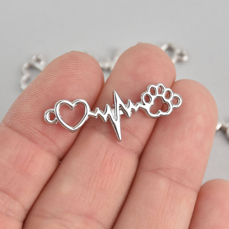 10 Silver Plated PET HEARTBEAT charms, two-hole connector dog cat animal bar charms chs6861