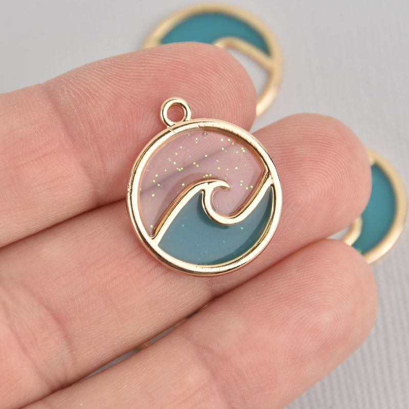 4 Beach Wave Charms Gold Plated Metal with Blue Resin 23mm chs6869