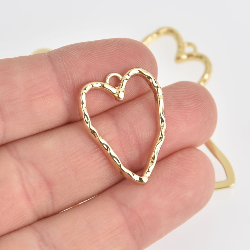 5 Gold Plated HEART Charms Hammered Metal, 26mm chs6876