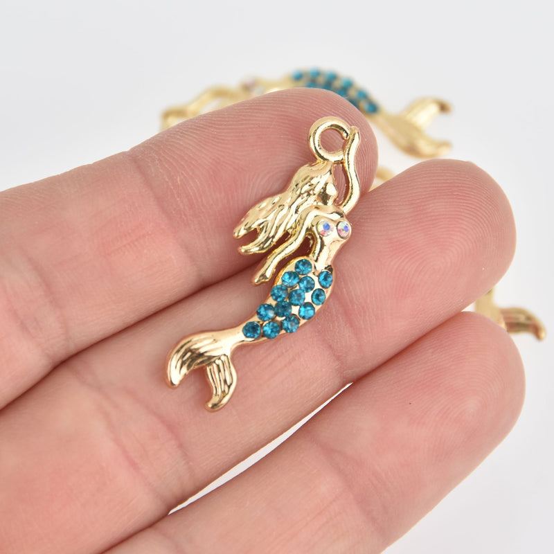 2 Mermaid Charms, Gold with Blue Crystals chs6877