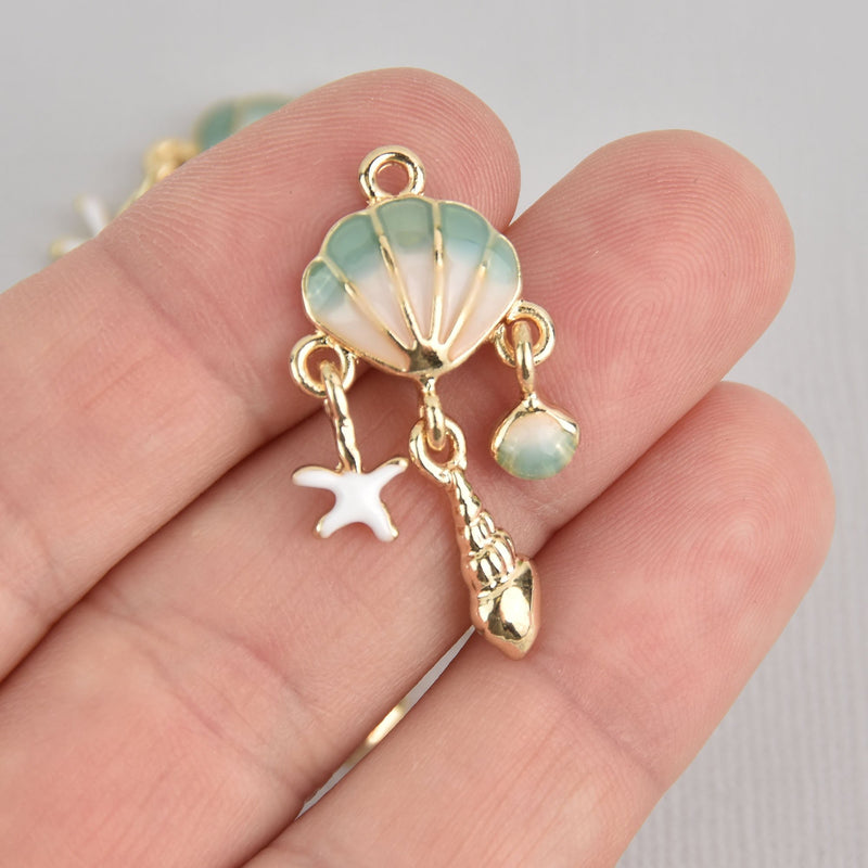 2 Beach Seashell Charms, Gold with Blue Enamel, moveable, chs6878