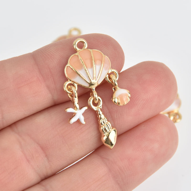 2 Beach Seashell Charms, Gold with Pink Enamel, moveable, chs6879
