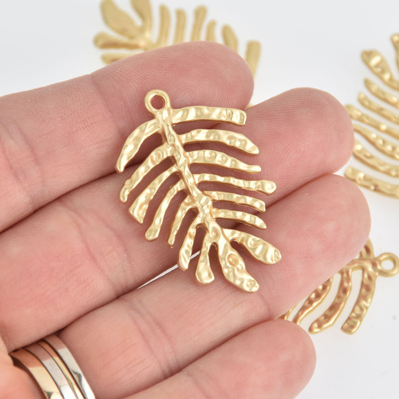 4 Monstera Leaf Charms, Matte Gold Hammered Metal, 1.5" long, chs6884