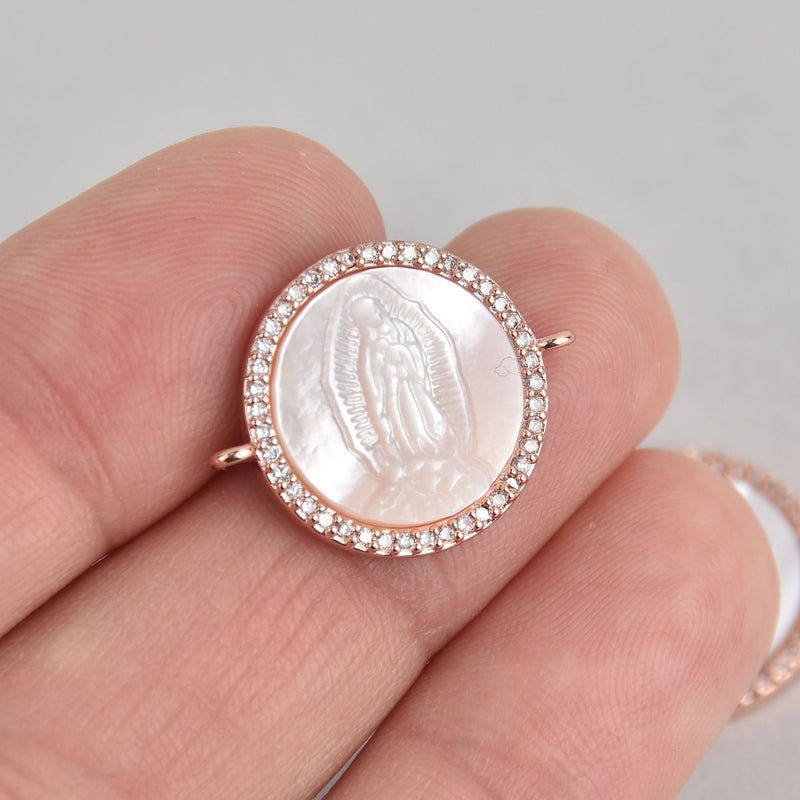 1 Rose Gold Religious Medal Saint Charm, Mother of Pearl Shell, Micro Pave 18mm chs6888