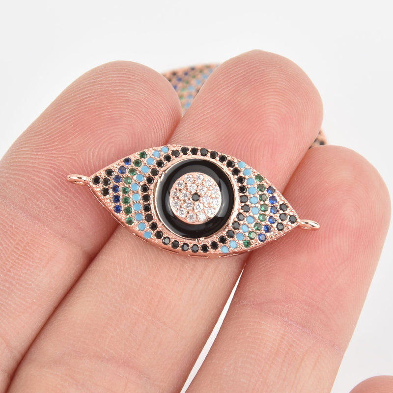 1 Evil Eye Charm, Rose Gold Micro Pave Connector Link, CZ crystals chs6891