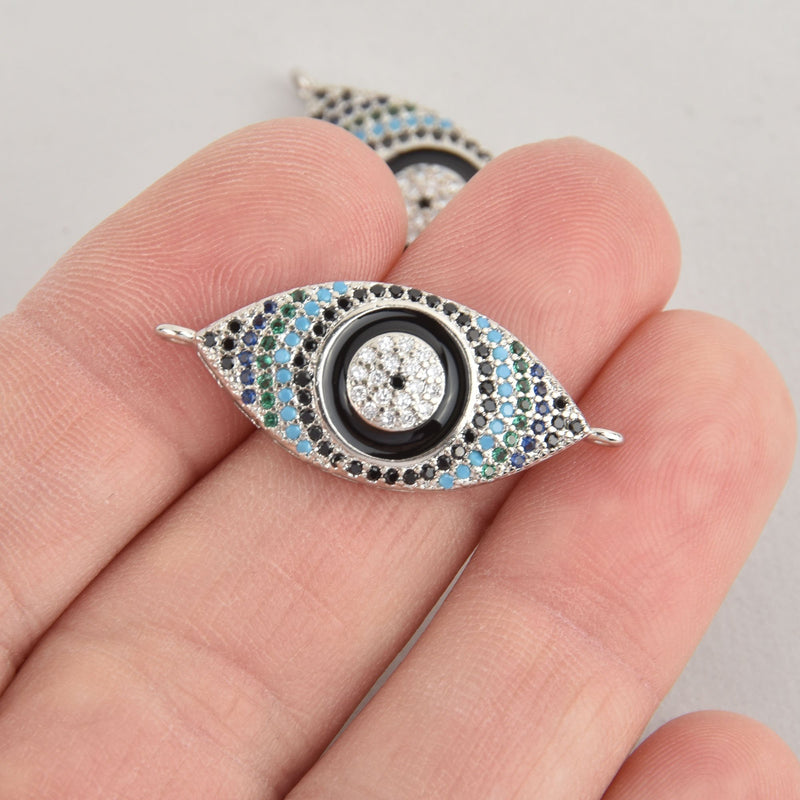 1 Evil Eye Charm, Silver Micro Pave Connector Link, CZ crystals chs6892