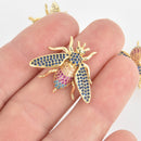 BEE Charm Micro Pave CZ Crystals Rhinestone Pendant Gold Brass 28mm chs6895