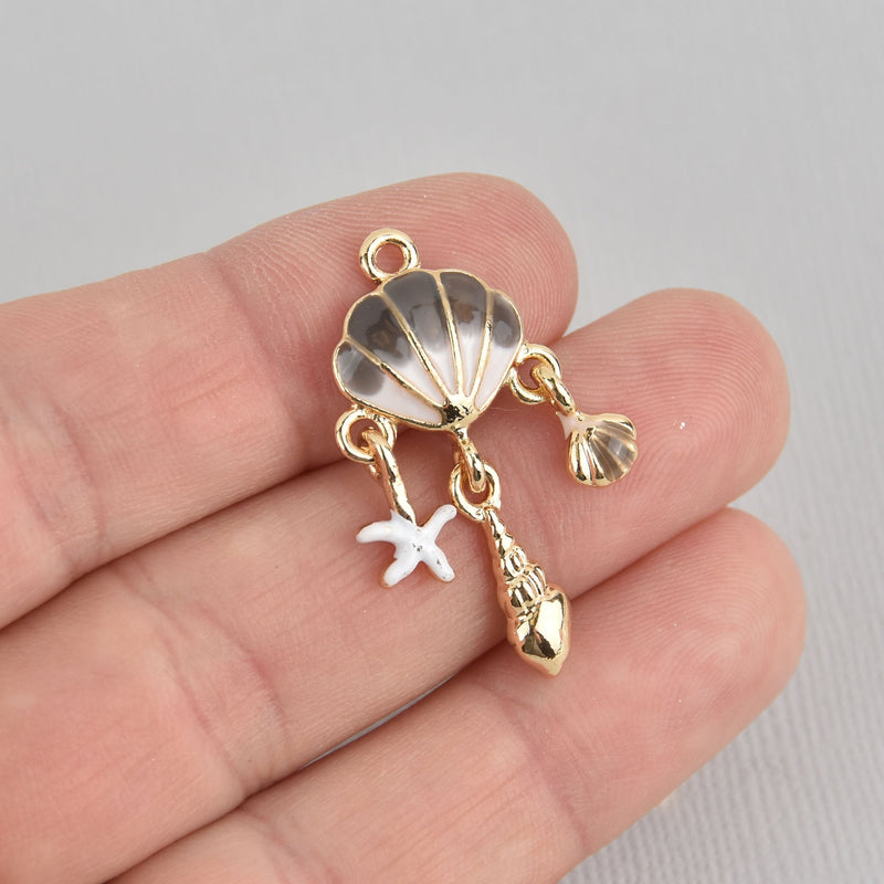 2 Beach Seashell Charms, Gold with Gray Enamel, moveable, chs6900
