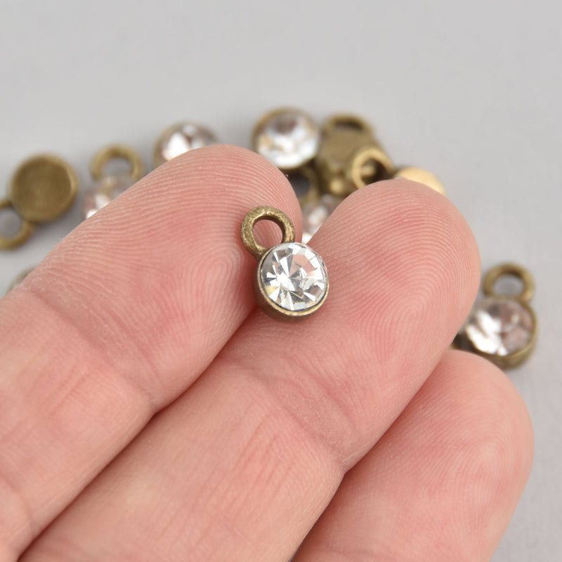 10 Bronze Rhinestone Drop Charms, CLEAR Crystal in Center, 7mm, chs6901