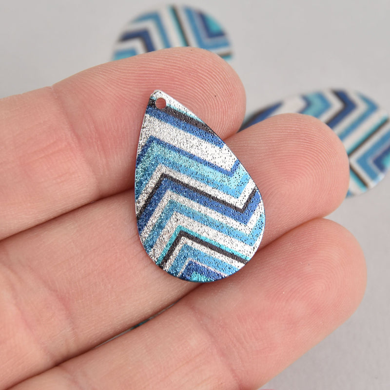 5 Blue Chevron Teardrop Charms, Copper with Stardust Gold and Enamel, 1", chs6906