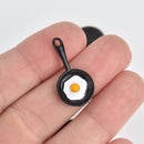 2 Black FRYING PAN Charm Pendants with Enamel Fried Eggs  chs6910