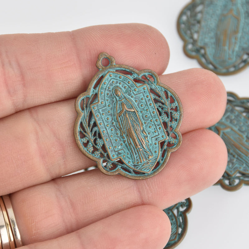 5 Bronze Relic Charm Pendants, Blue Verdigris Patina, religious medal coin charms, 34x29mm, chs6918