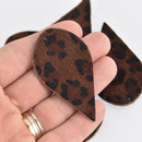 4 Brown Cheetah Print Faux Leather Leaf Teardrop Charm Pendant Vegan Leather, 2-1/2" long chs6931