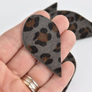 4 Gray Cheetah Print Faux Leather Leaf Teardrop Charm Pendant Vegan Leather, 2-1/2" long chs6932