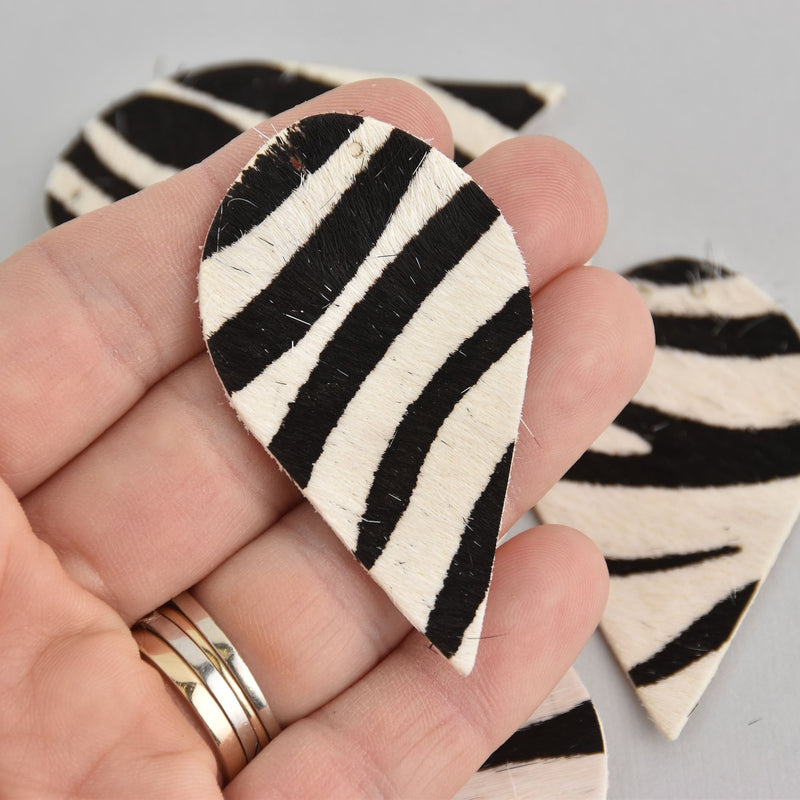 4 Zebra Print Faux Leather Leaf Teardrop Charm Pendant Vegan Leather, 2-1/2" long chs6934