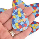 10 Faux Leather Teardrop Charms Autism Puzzle Piece, Vegan Pendant 2-1/4" long chs6946