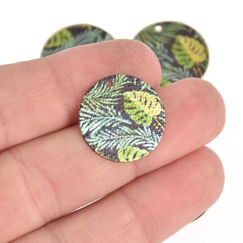 5 Monstera Leaf Charms, Gold Circle with Enamel chs6954