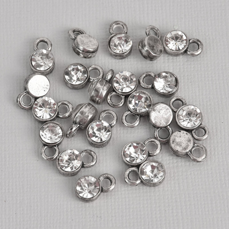 10 Antiqued Silver Rhinestone Drop Charms, CLEAR Crystal in Center, 7mm, chs6958