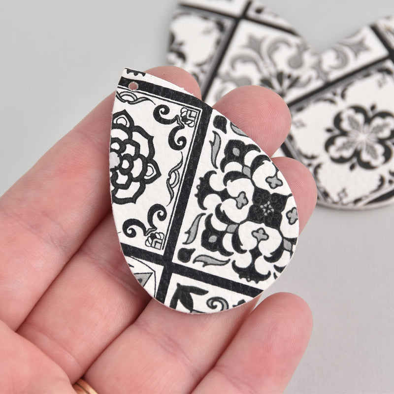 10 Black and White Toile Faux Leather Teardrop Charm Pendants Vegan Leather, 2-1/4" long chs6982