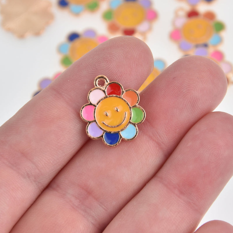 5 Enamel Flower Charms Gold with Rainbow Colors chs6983