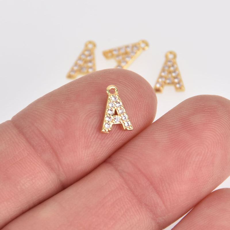 4 Letter A Gold Plated Charm, Micro Pave Crystals, CZ Ititial Charms, 3/8", chs6985