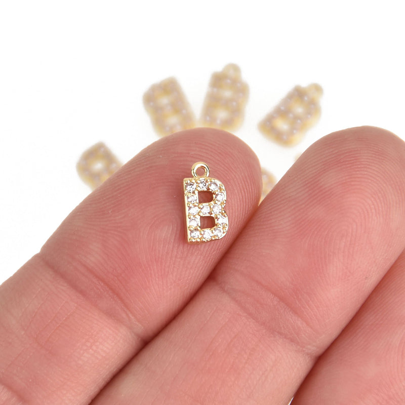 4 Letter B Gold Plated Charm, Micro Pave Crystals, CZ Ititial Charms, 3/8", chs6986